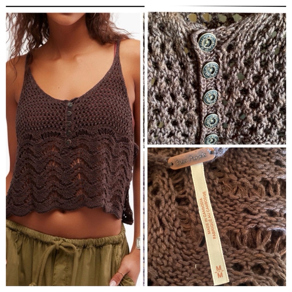 Free People NWT Boho Summer Breeze Open Knit Linen Blend Scoop Neck Camisole M - Picture 9 of 14